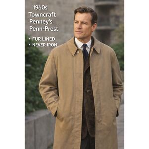 1960s Towncraft Penney’s Trench Coat Tan Men’s 44 Long Faux Fur Lined